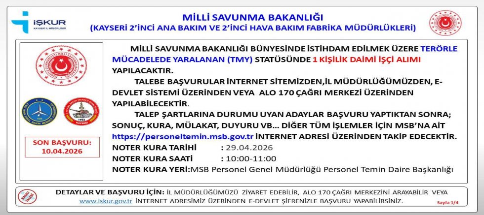 Kayseri 2’nci Ana Bakım Fabrika Müdürlüğü’ne 1 Kişilik Daimi İşçi Alınacak