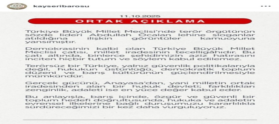 Kayseri Barosu: Binlerce Şehidimizin Aziz Hatırasını İnciten Hiçbir Tutum ve Söylem Kabul Edilemez