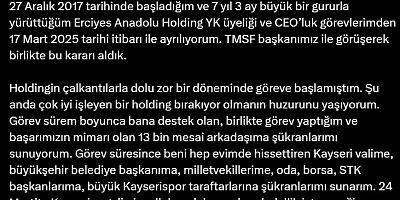 Erciyes Anadolu Holding CEO’su Ertekin Görevden Ayrıldı