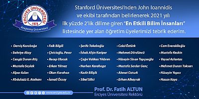 ERÜ’nün 30 Öğretim Üyesi 2021 “En Etkili Bilim İnsanları” Listesine Girdi