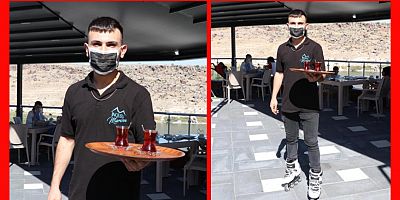 Müşterilere, Patenle Çay Servisi Yapıyor